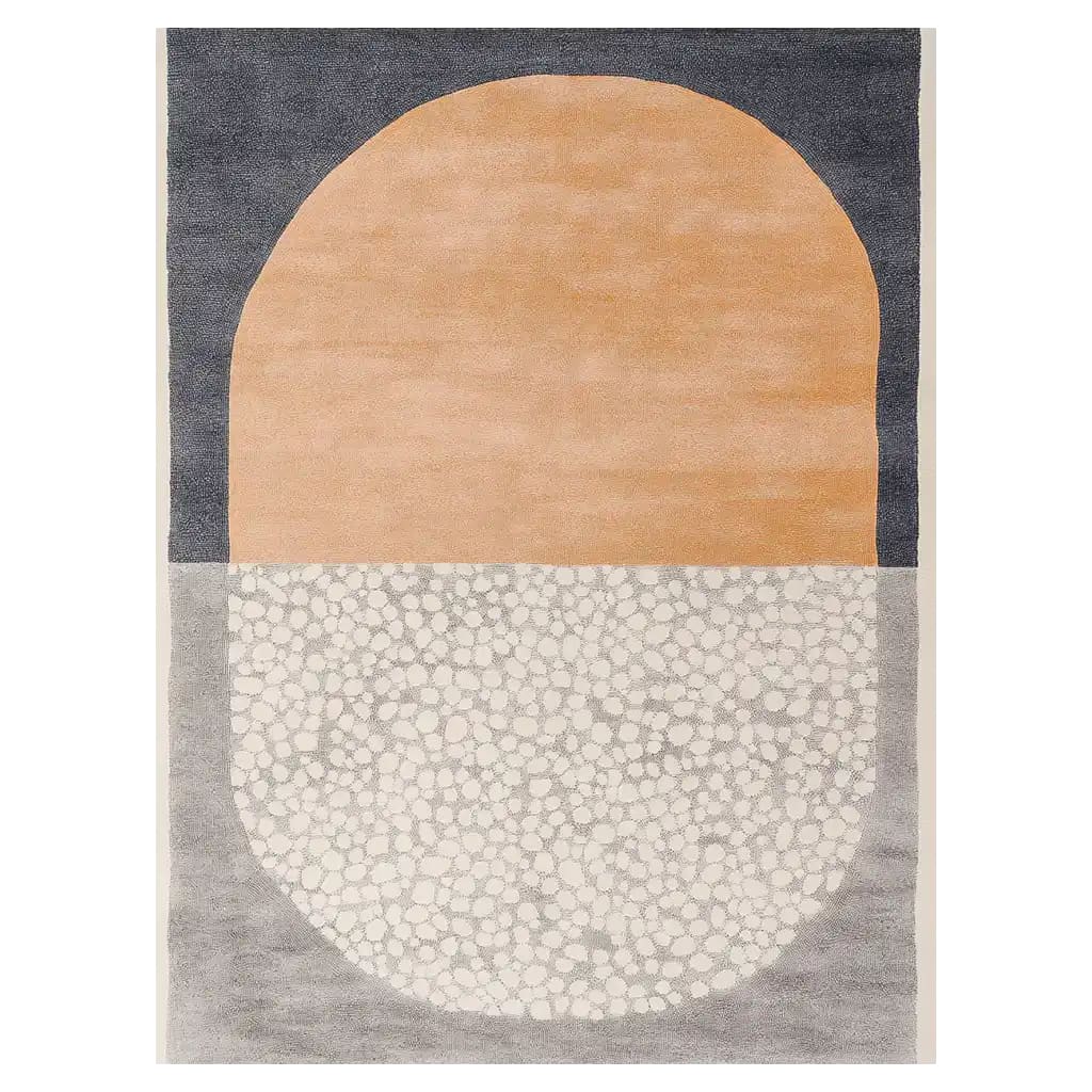 Explore the Lunar Divide Hand Tufted Wool Rug, a contemporary area rug perfect for living rooms. This 8x10 rug features a unique design with a large half-circle in warm beige tones and a textured, pebble-like pattern in grey and white. Ideal for adding a touch of modern elegance to your space, this wool rug combines durability with a stylish floral-inspired motif.