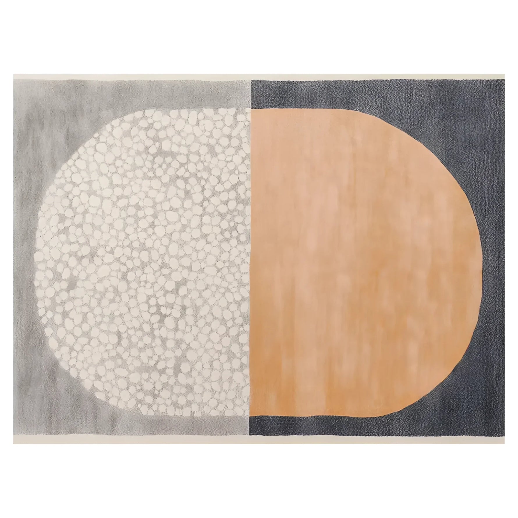 This contemporary wool rug, perfect for a living room area, features an abstract design with a split pattern of pebble-like circles on one side and a warm orange tone on the other. Ideal for an 8x10 space, this hand-tufted area rug adds a modern, artistic touch to any living room.