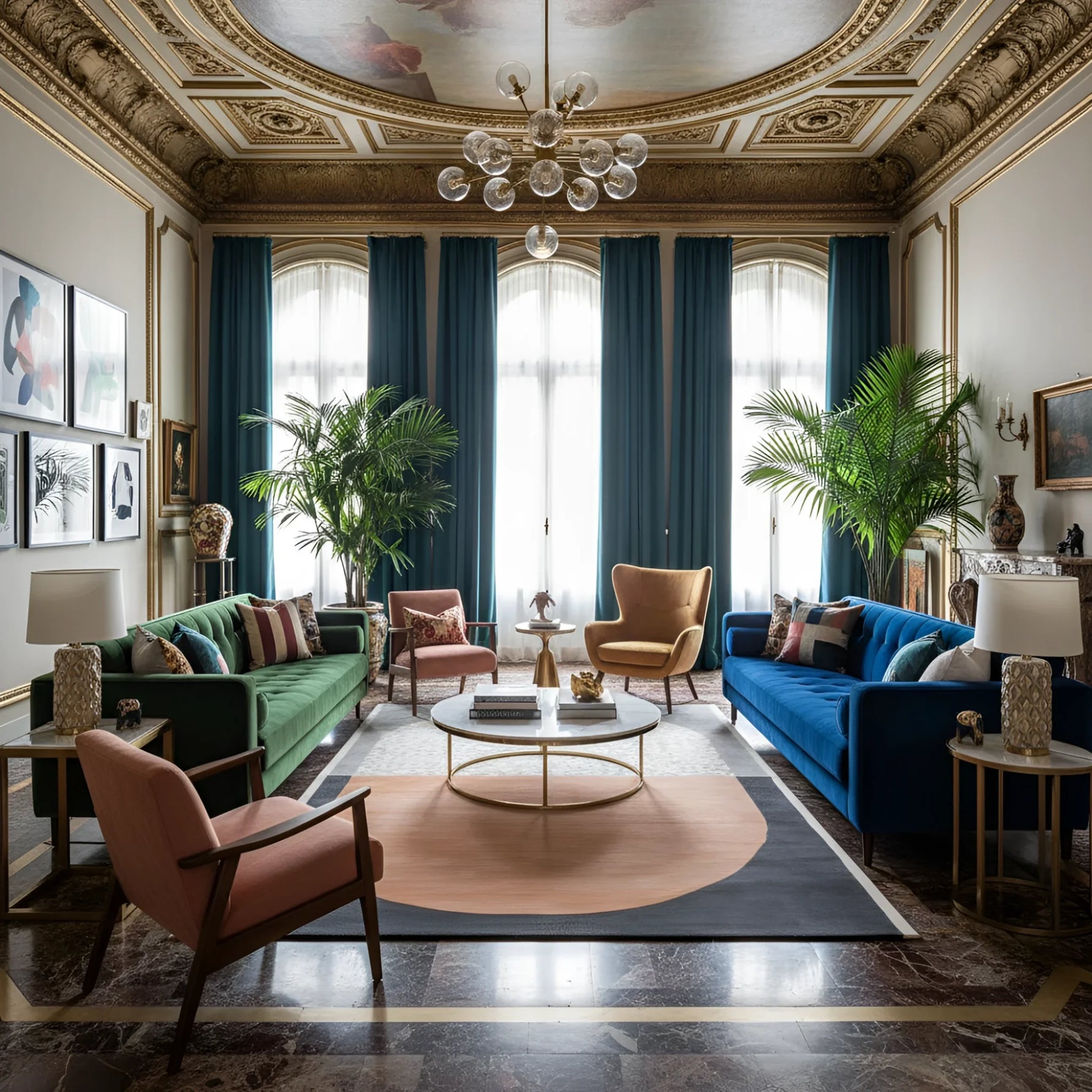 Luxurious living room with ornate ceiling, blue sofa, an abstract wool rug, green couch, and decorative chairs.