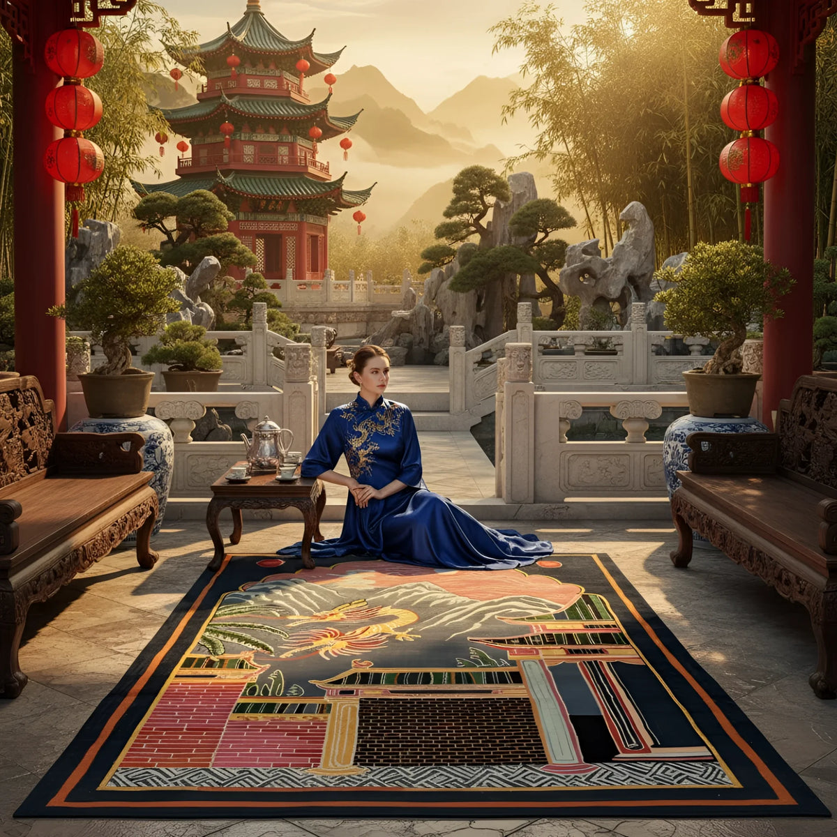 Woman in a blue dress sitting on a decorative rug in a traditional Chinese setting with red lanterns and pagoda.