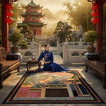Woman in a blue dress sitting on a decorative rug in a traditional Chinese setting with red lanterns and pagoda.