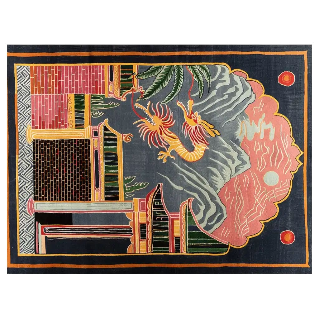A vibrant and artistic area rug featuring a Lunar Dragon design. This hand-tufted wool rug displays an intricate pattern with bold colors, ideal for adding a unique touch to your living room decor. Perfect for those seeking an 8x10 rug that stands out.