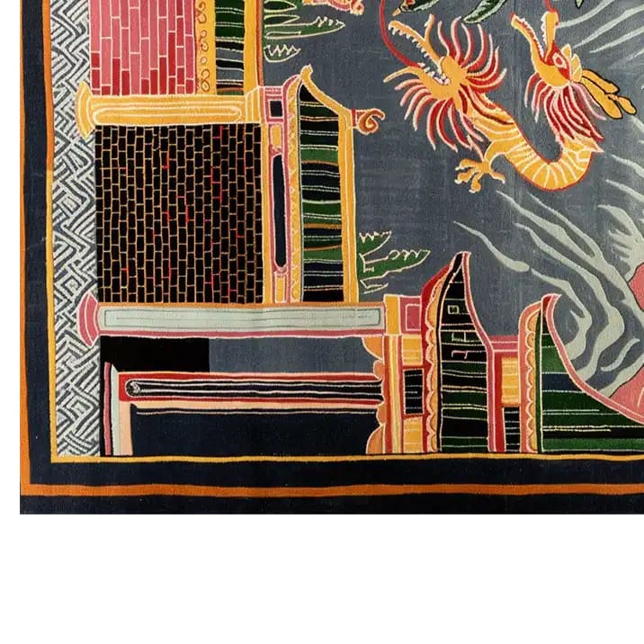 A vibrant, abstract design featuring a dragon motif on a hand-tufted wool area rug. This unique rug, perfect for living rooms, showcases intricate patterns and lively colors that add a touch of elegance to any space. Ideal for those seeking 8x10 living room rugs with a distinctive flair.
