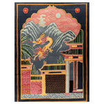Vibrant area rug featuring a majestic dragon soaring over an intricate landscape of mountains and traditional architecture. This hand-tufted wool rug is perfect for adding a touch of elegance to living rooms. Ideal as a living room rug, especially in an 8x10 size.