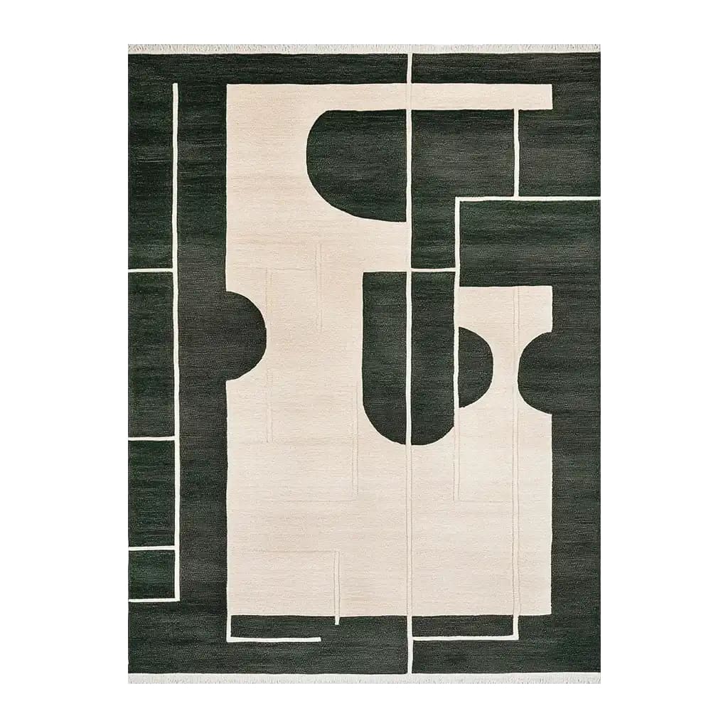 Top view of a contemporary area rug designed with a geometric pattern in dark and light tones, perfect for a modern living room. This wool rug measures 8x10, adding a stylish and cozy touch to any space.