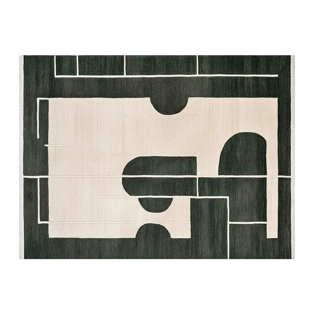 Top view of the Lunar Dream Cascade Knotted Wool Rug, a contemporary area rug with an abstract black and white geometric pattern. This wool rug is perfect for adding a modern touch to living rooms, especially in an 8x10 size.