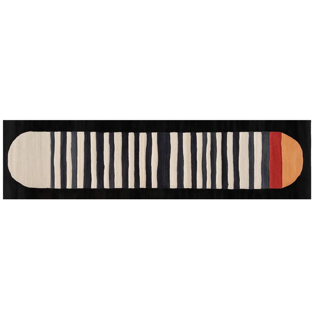 Top view of the Lunar Horizon hand tufted wool runner rug, showcasing its contemporary design with bold black and white stripes and vibrant red and orange accents at the end. Perfect for adding a modern touch to your kitchen, hallway, or bathroom as a stylish kitchen runner rug.