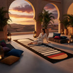 Woman sitting on a colorful rug in a desert-themed room with arches and plants.