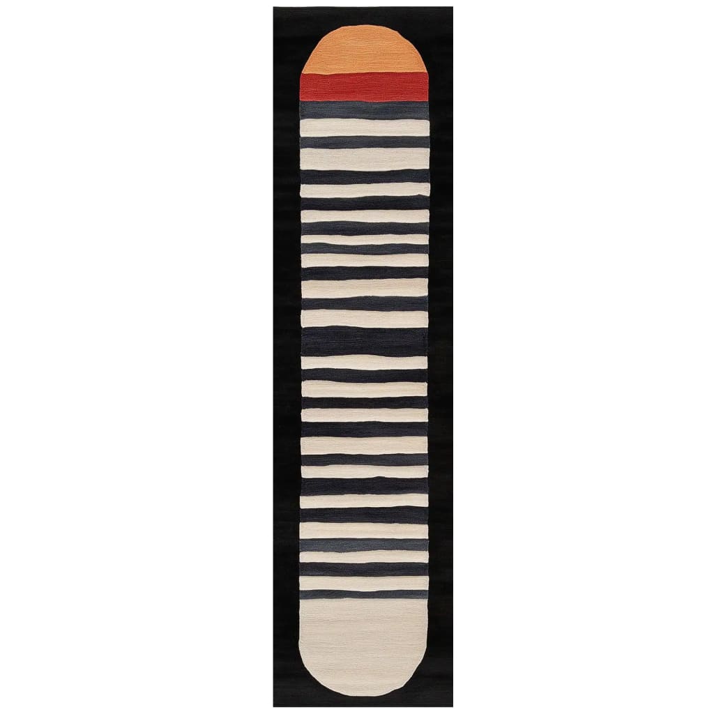 Top view of the Lunar Horizon Hand Tufted Wool Rug, featuring a contemporary runner design with bold black and white stripes, ideal for use as a kitchen runner rug, hallway runner rug, or bathroom runner rug. The wool rug showcases a modern aesthetic that complements any space.