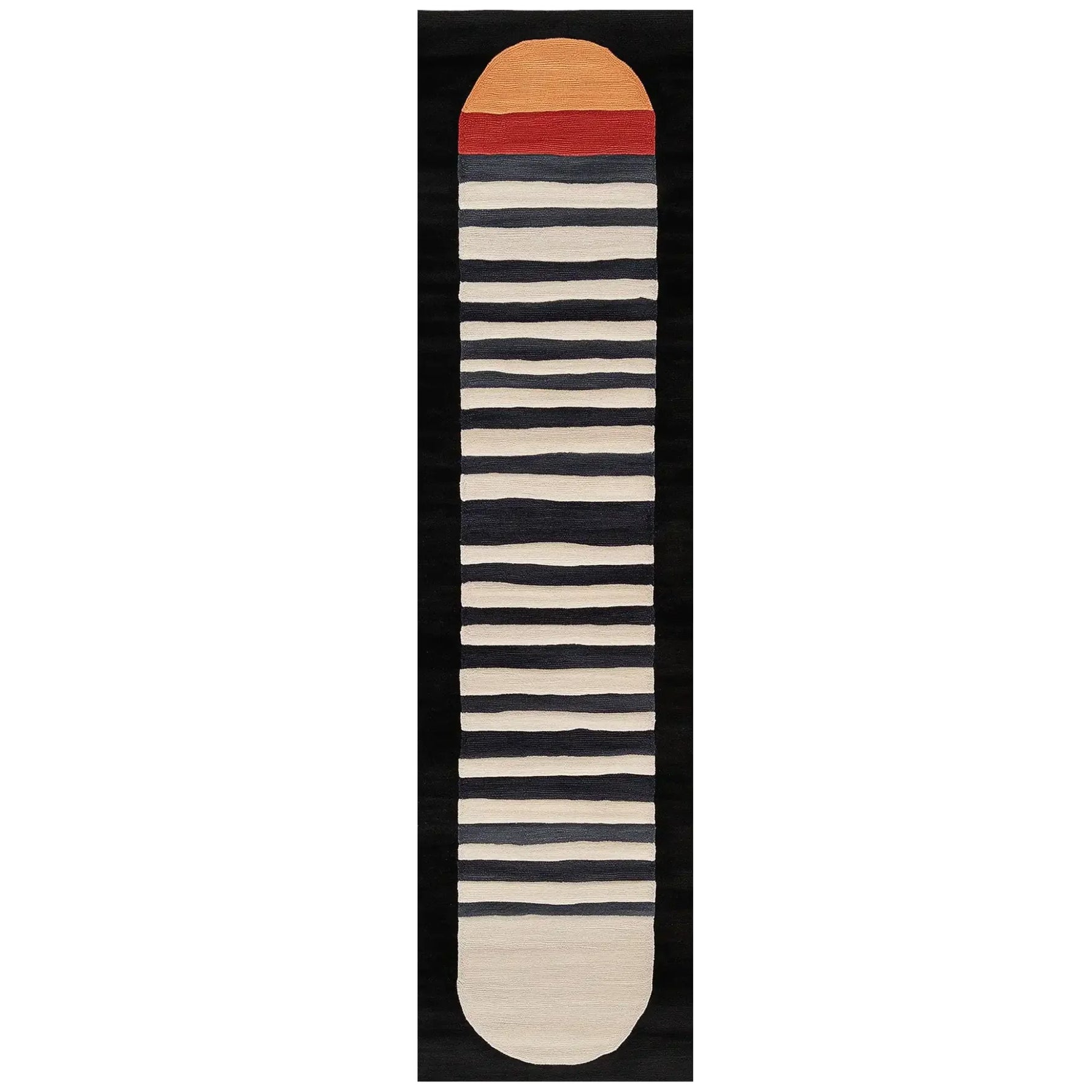 Top view of the Lunar Horizon Hand Tufted Wool Rug, featuring a contemporary runner design with bold black and white stripes, ideal for use as a kitchen runner rug, hallway runner rug, or bathroom runner rug. The wool rug showcases a modern aesthetic that complements any space.