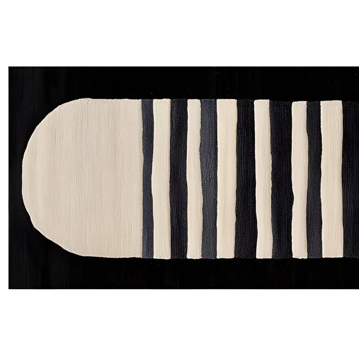 Top view of the Lunar Horizon Hand Tufted Wool Rug showcasing its contemporary design with bold black and white stripes. Perfect as a runner rug for kitchens or hallways, this wool rug adds a modern touch to any space, making it ideal for kitchen runner rugs or bathroom runner rugs.
