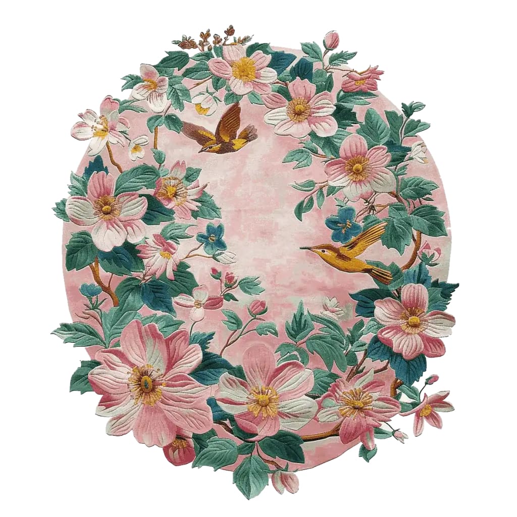 A beautifully detailed round area rug featuring a lush floral design. This hand-tufted wool rug showcases vibrant pink and green leaves with birds, perfect for adding elegance to any living room.