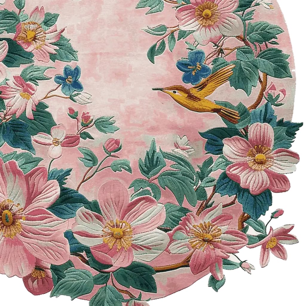 A beautifully designed area rug featuring a vibrant floral pattern with pink and blue flowers intertwined with green leaves and a yellow bird, set on a round wool surface. Perfect as a floral rug for adding an elegant touch to your living room.