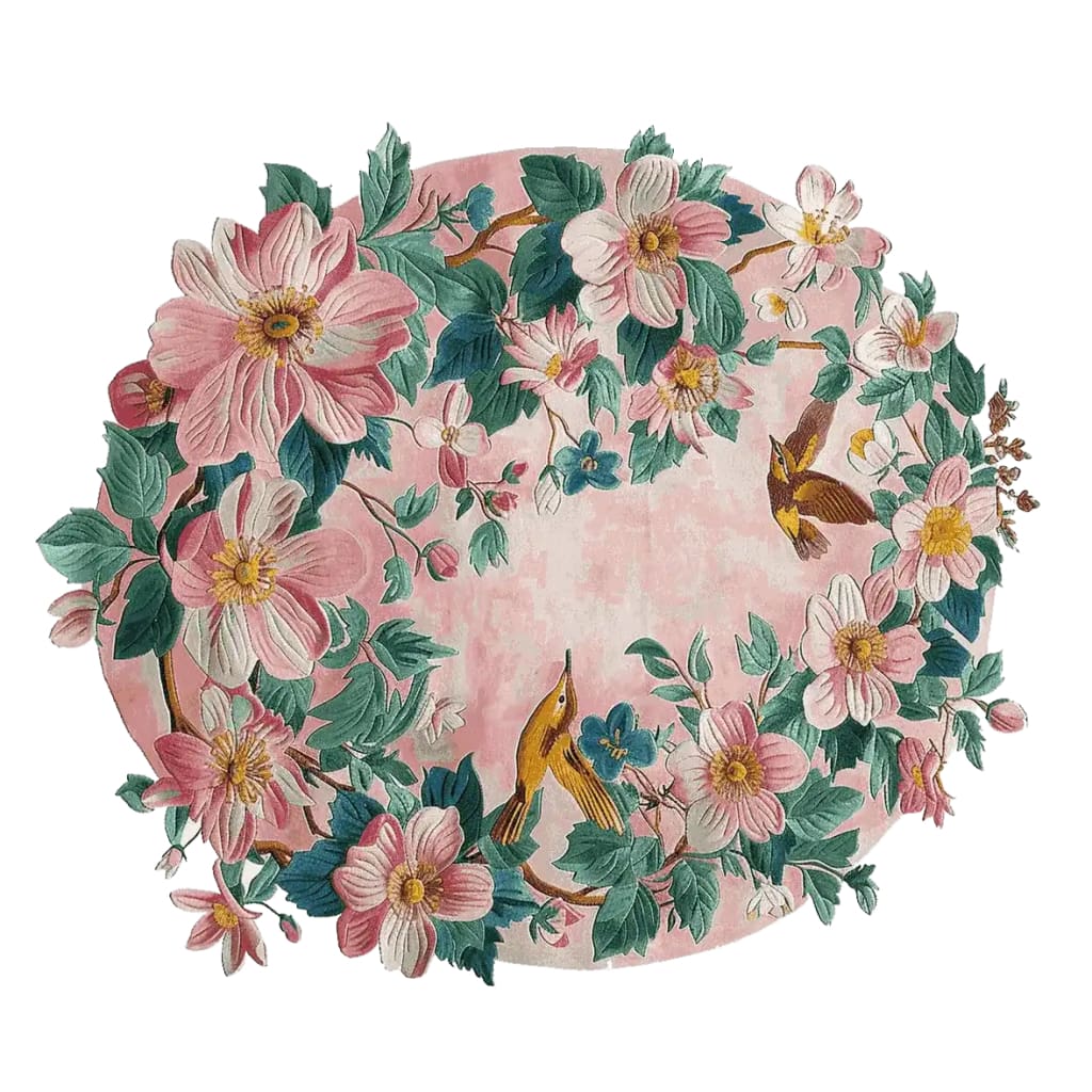 This beautiful round area rug, titled 'Lush Blossom Dreams Hand Tufted Rug', features a vibrant floral design with large pink and white flowers, green leaves, and colorful birds. Crafted from high-quality wool, this floral rug adds a touch of elegance and charm, making it perfect for area rugs for living room spaces.