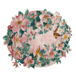 This beautiful round area rug, titled 'Lush Blossom Dreams Hand Tufted Rug', features a vibrant floral design with large pink and white flowers, green leaves, and colorful birds. Crafted from high-quality wool, this floral rug adds a touch of elegance and charm, making it perfect for area rugs for living room spaces.