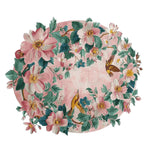This beautiful round area rug, titled 'Lush Blossom Dreams Hand Tufted Rug', features a vibrant floral design with large pink and white flowers, green leaves, and colorful birds. Crafted from high-quality wool, this floral rug adds a touch of elegance and charm, making it perfect for area rugs for living room spaces.