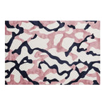 Top view of the Lush Fragment Field Hand Tufted Area Rug featuring an abstract design in pink and navy. This contemporary wool rug is perfect for adding a modern touch to living rooms, available in 8x10 size.
