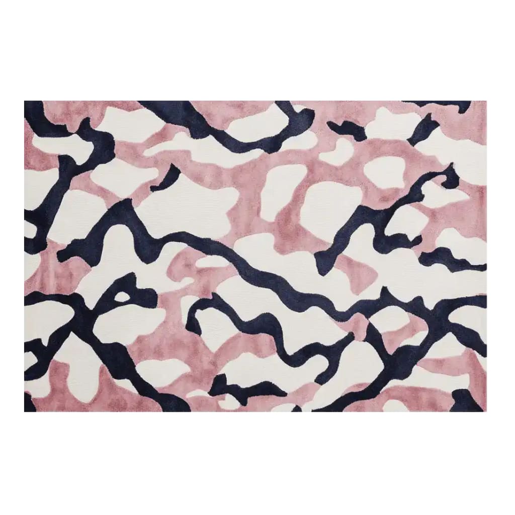 Top view of the Lush Fragment Field Hand Tufted Area Rug featuring an abstract design in pink and navy. This contemporary wool rug is perfect for adding a modern touch to living rooms, available in 8x10 size.