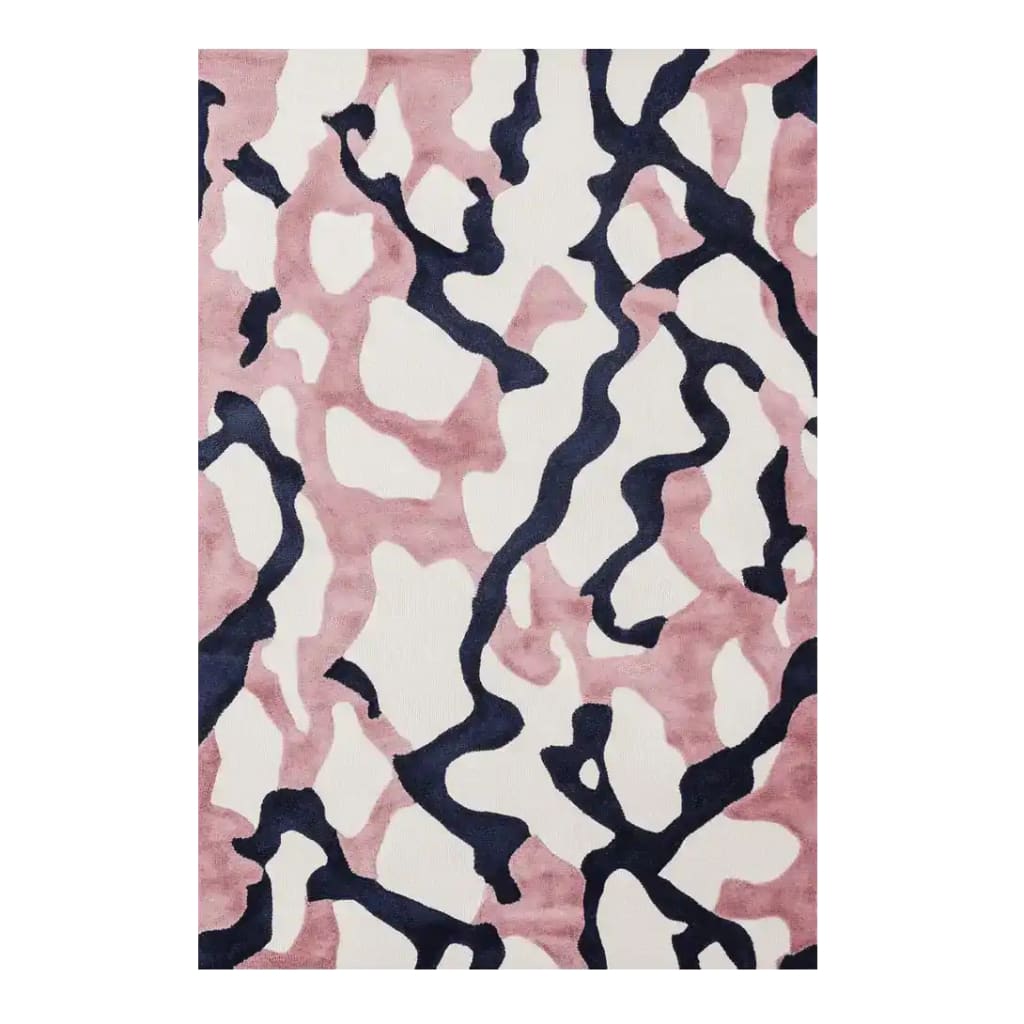 Top view of the Lush Fragment Field Hand Tufted Area Rug, featuring a contemporary abstract design with black and pink patterns on a white background. This wool rug is perfect for adding a modern touch to your living room, available in an 8x10 size.