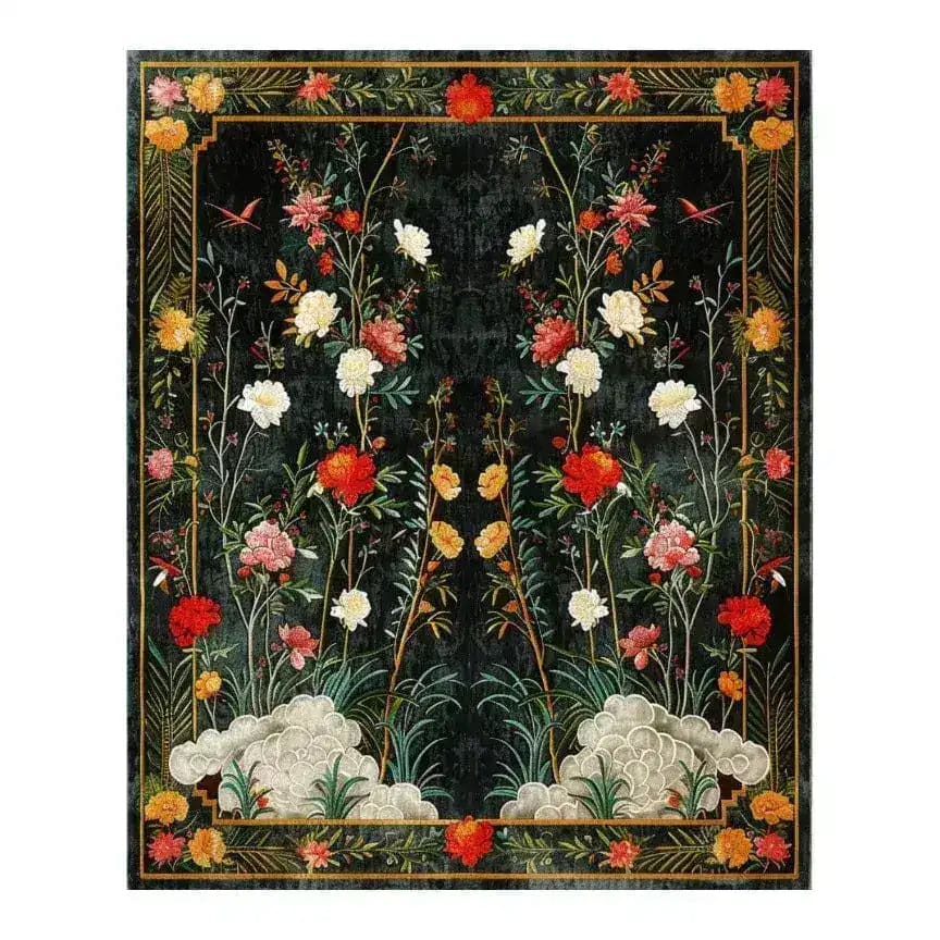 Beautiful Lush Garden Retreat Hand Tufted Area Rug featuring vibrant floral designs with rich colors, perfect for a dining room or bedroom. This wool rug adds elegance to formal dining room settings and cozy warmth to rugs for bedroom decor.