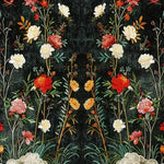 A beautifully detailed area rug featuring a lush floral design with vibrant red, white, and orange flowers set against a dark background. Perfect for adding elegance to a dining room or bedroom, this hand-tufted wool rug brings a touch of nature indoors, ideal for formal dining room settings or as a charming accent in rugs for bedrooms.