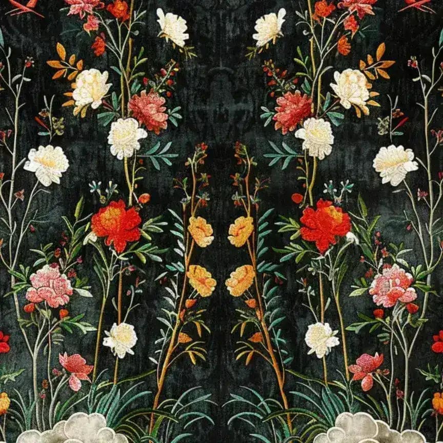 A beautifully detailed area rug featuring a lush floral design with vibrant red, white, and orange flowers set against a dark background. Perfect for adding elegance to a dining room or bedroom, this hand-tufted wool rug brings a touch of nature indoors, ideal for formal dining room settings or as a charming accent in rugs for bedrooms.
