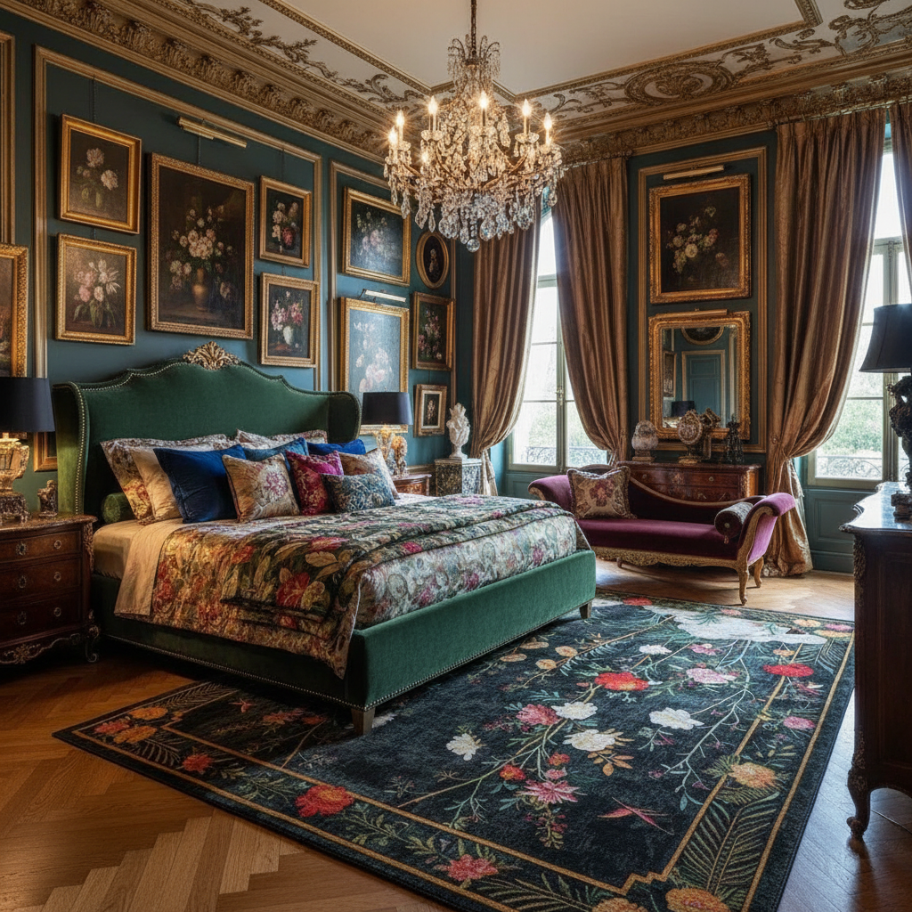 Luxurious bedroom with ornate decor, including a chandelier, framed artwork, and a floral rug.