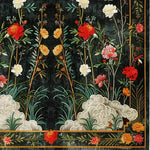 A beautifully intricate hand-tufted area rug, perfect for a dining room or bedroom, featuring a lush floral pattern with vibrant red, orange, and white flowers against a dark background. This wool rug adds elegance to any formal dining room or cozy bedroom setting.