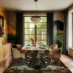 A beautifully styled dining room featuring the Lush Garden Retreat Hand Tufted Area Rug. This exquisite floral wool rug adds elegance to the formal dining space, with vibrant colors and intricate patterns that enhance the room's sophisticated ambiance. Ideal for both dining rooms and bedrooms, this rug is a perfect blend of style and comfort.