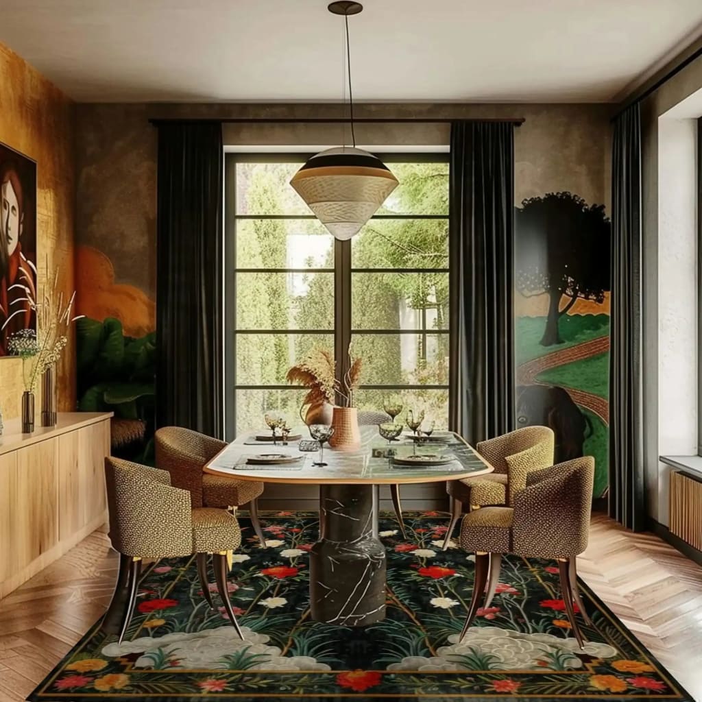 A beautifully styled dining room featuring the Lush Garden Retreat Hand Tufted Area Rug. This exquisite floral wool rug adds elegance to the formal dining space, with vibrant colors and intricate patterns that enhance the room's sophisticated ambiance. Ideal for both dining rooms and bedrooms, this rug is a perfect blend of style and comfort.