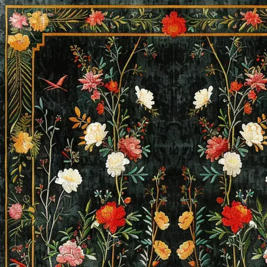 A vibrant Lush Garden Retreat Hand Tufted Area Rug featuring an intricate floral design in rich colors on a dark background, perfect for enhancing the elegance of a dining room or bedroom. This wool rug combines beauty and durability, making it an ideal choice for formal dining room spaces or as a statement piece in rugs for bedrooms.