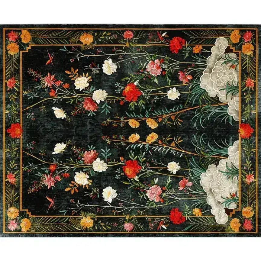 Lush Garden Retreat Hand Tufted Area Rug showcasing a vibrant floral design with rich reds, yellows, and greens on a dark background. Perfect for adding elegance to a dining room or bedroom, this wool rug brings a touch of nature indoors, ideal for formal dining room settings or as an eye-catching floral rug in the bedroom.
