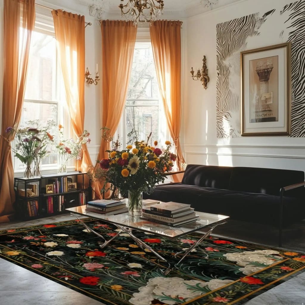 A stunning area rug with a lush garden retreat design in a stylish living room. The hand-tufted wool rug features vibrant floral patterns, perfect for elevating any dining room or bedroom. The room is elegantly decorated with gold curtains, a chic black sofa, and a glass coffee table topped with books and flowers, making it an ideal choice for formal dining room rugs or adding warmth to rugs for the bedroom.
