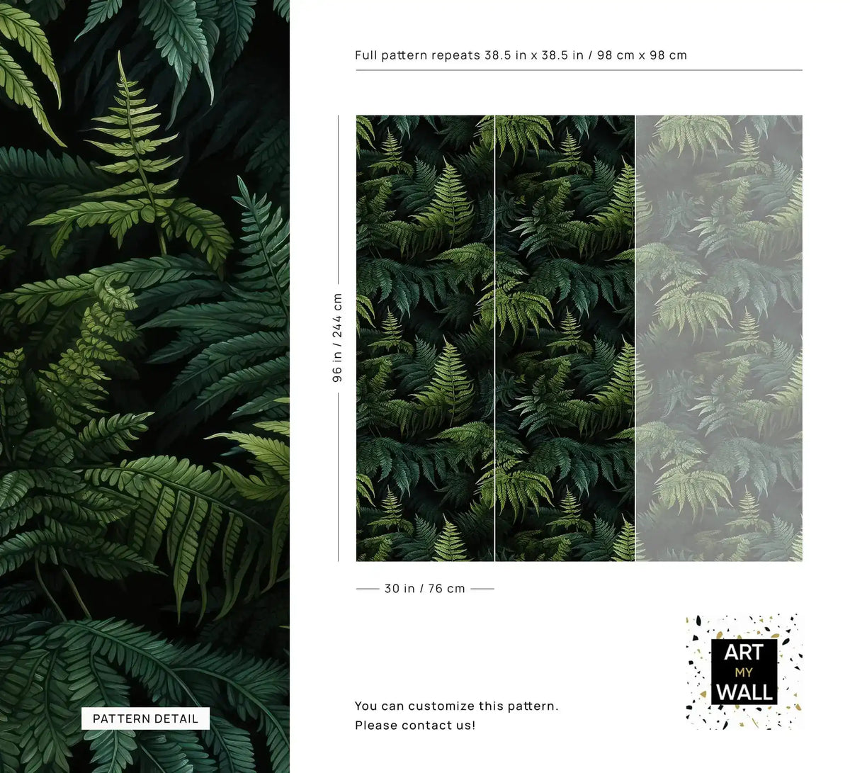 Lush green fern jungle wallpaper detail and size guide showing pattern repeat dimensions