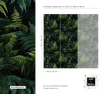Lush green fern jungle wallpaper detail and size guide showing pattern repeat dimensions