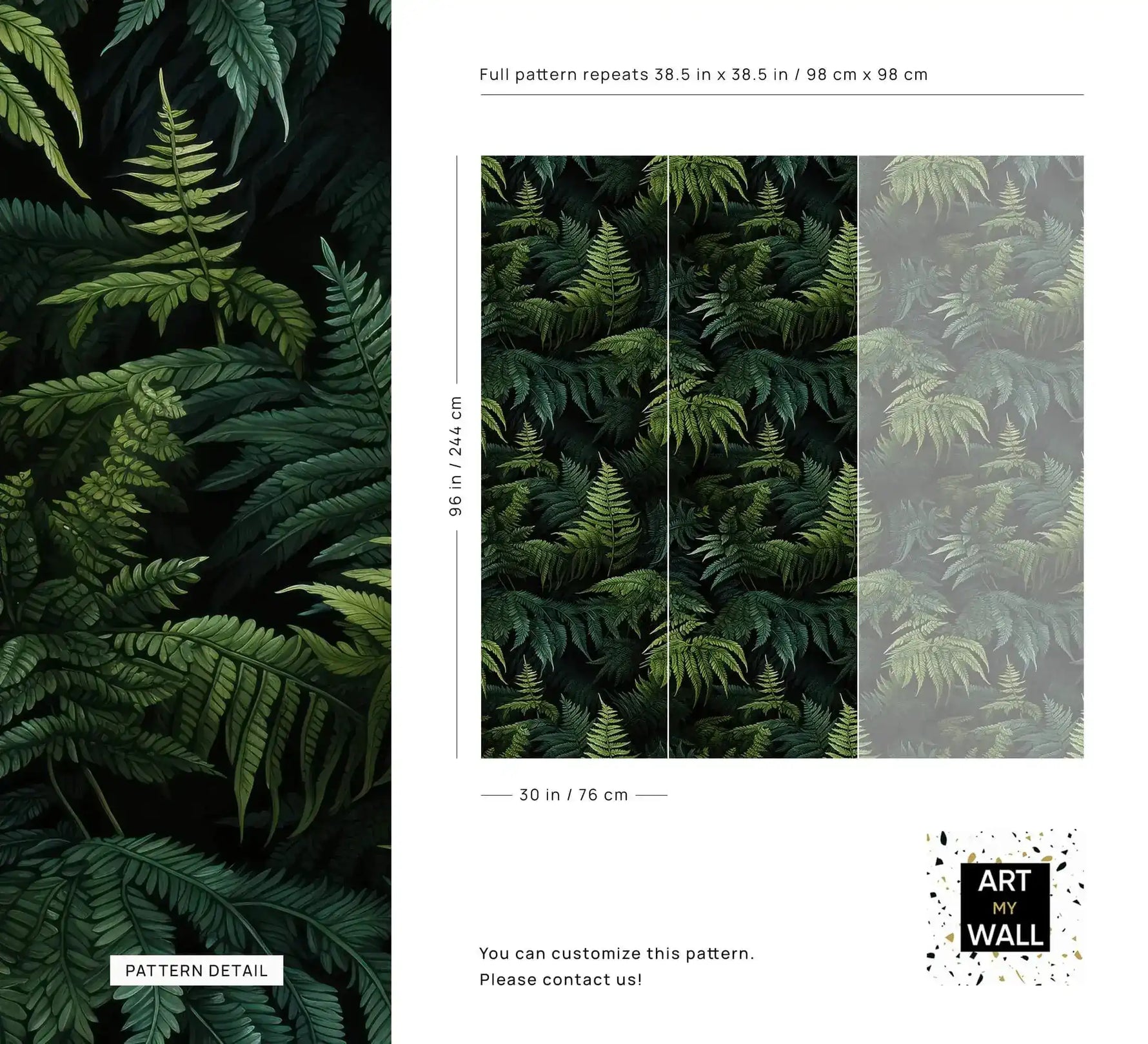 Lush green fern jungle wallpaper detail and size guide showing pattern repeat dimensions
