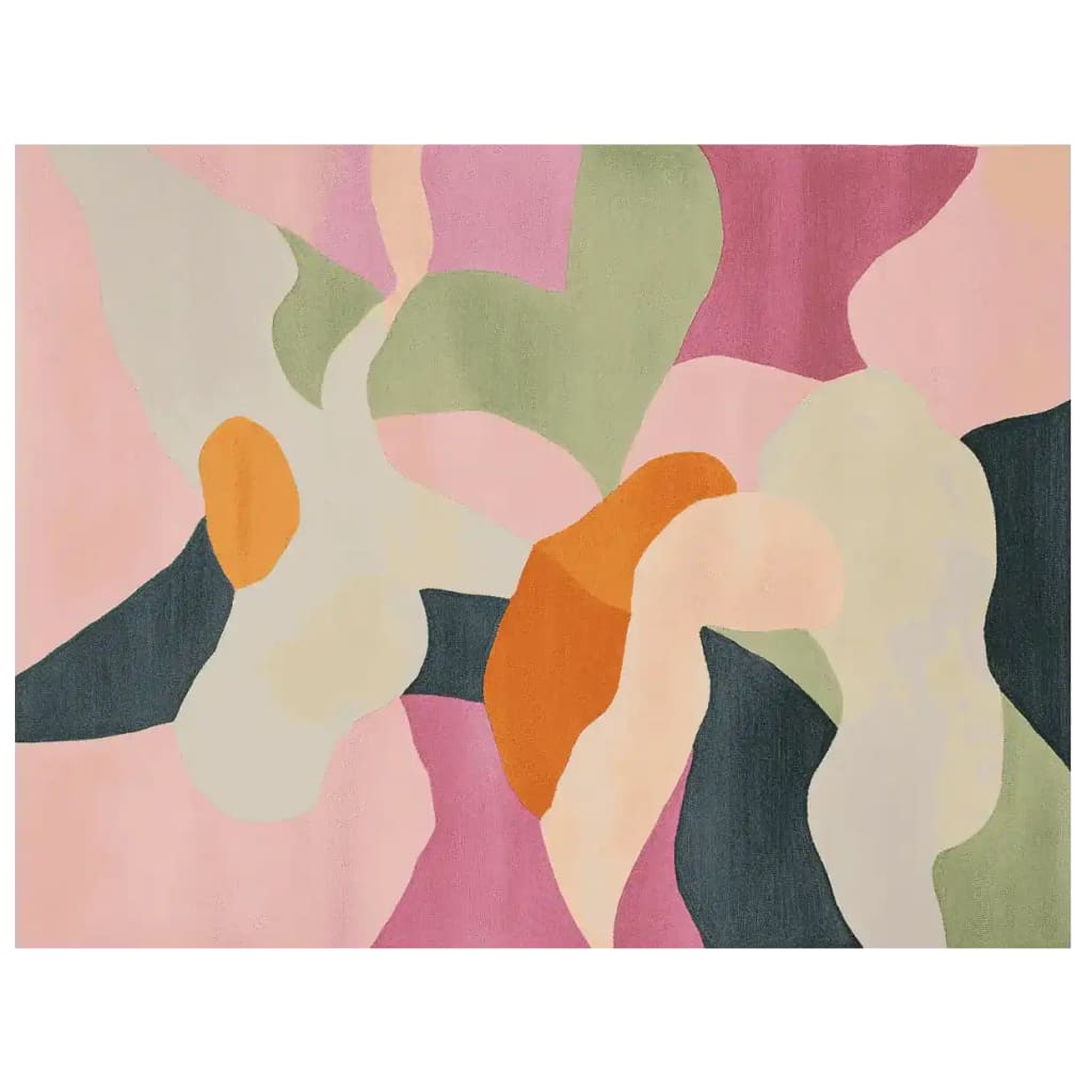 A vibrant Lush Haven Hand Tufted Area Rug showcasing an abstract design with soft hues of pink, green, and orange. This contemporary wool rug is perfect for adding a splash of color to any living room, combining style and comfort seamlessly. Ideal for those seeking unique area rugs for living room spaces.