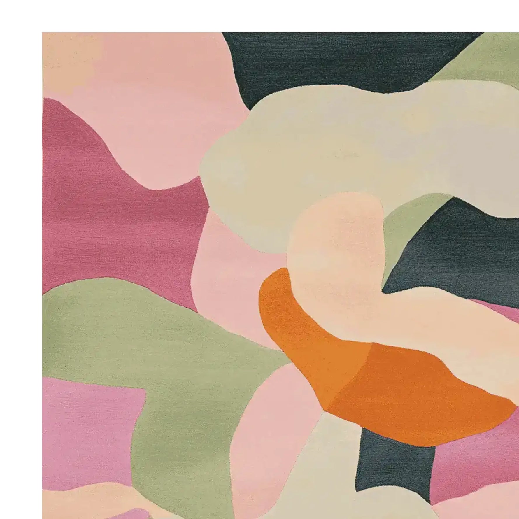 Top view of the Lush Haven Hand Tufted Area Rug, showcasing an abstract design with vibrant colors including pink, orange, and green. This contemporary wool rug is perfect for adding a splash of color to living room area rugs, providing a stylish and cozy touch to area rugs for living room settings.