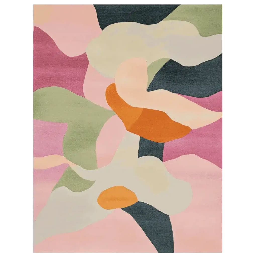 The Lush Haven Hand Tufted Rug is a vibrant area rug featuring an abstract design with bold colors like orange, pink, and green. This contemporary wool rug adds a splash of color to living room spaces, perfect for those seeking stylish area rugs for living rooms.