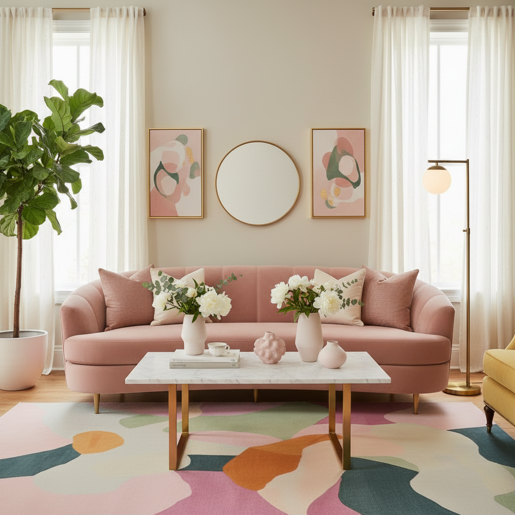 Living room with a pink sofa, colorful rug, and decorative elements.