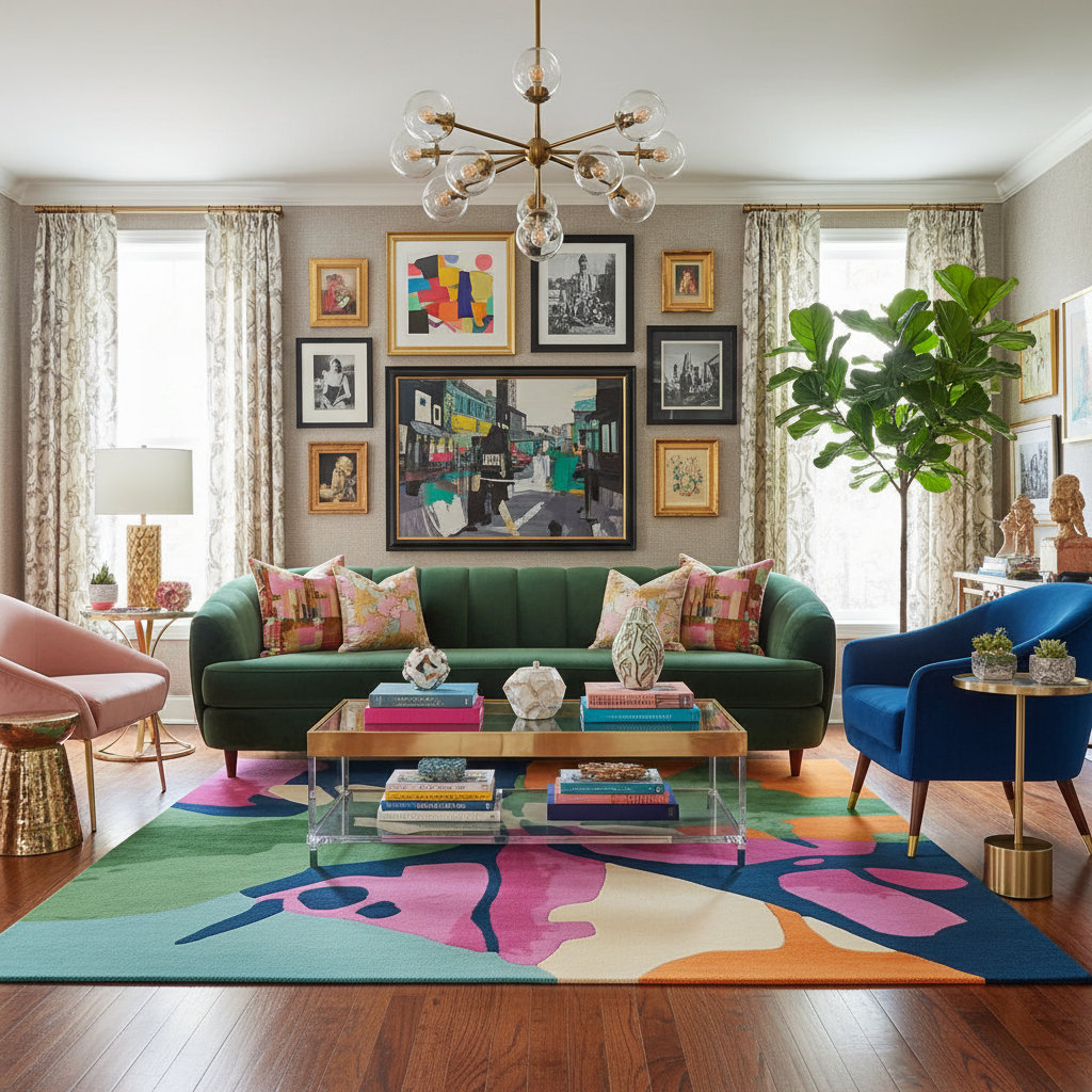 Colorful living room with a green sofa, colorful rug, and various decor items.