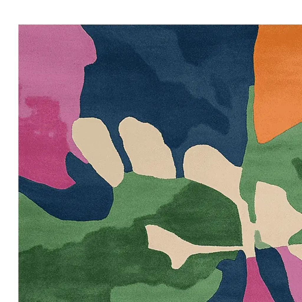 Vibrant Lush Layers hand-tufted area rug featuring an abstract design with bold colors like pink, blue, green, and orange. This contemporary square area rug is perfect for an 8x10 living room, adding a modern touch with its wool construction.