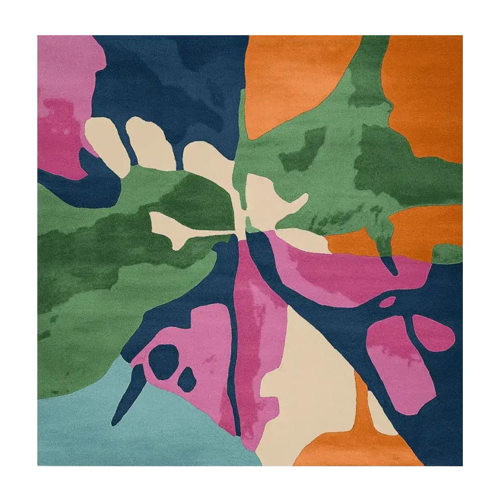 Vibrant and colorful abstract design on the Lush Layers Hand Tufted Rug, perfect as an area rug. This square area rug measures 8x10 and features a contemporary style, ideal for modern living rooms. Made from high-quality wool, this living room area rug combines bold colors like green, pink, blue, and orange, creating a stunning visual impact.