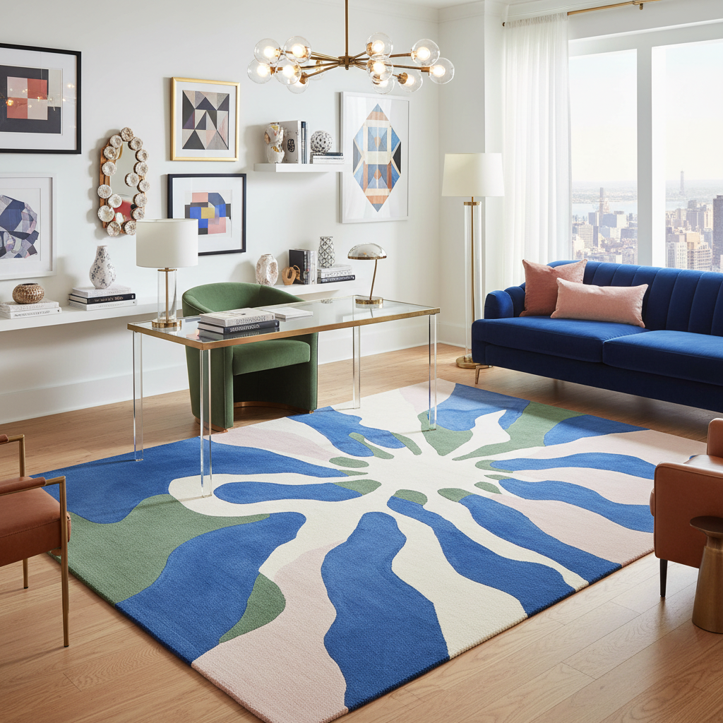 Modern office room with a colorful abstract rug, blue sofa, and decorative elements.