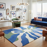 Modern office room with a colorful abstract rug, blue sofa, and decorative elements.