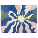 Top view of the Lush Light Echo Hand Tufted Area Rug, showcasing an abstract design with flowing blue, green, and beige shapes. This contemporary wool rug is perfect for adding a modern touch to living room area rugs.