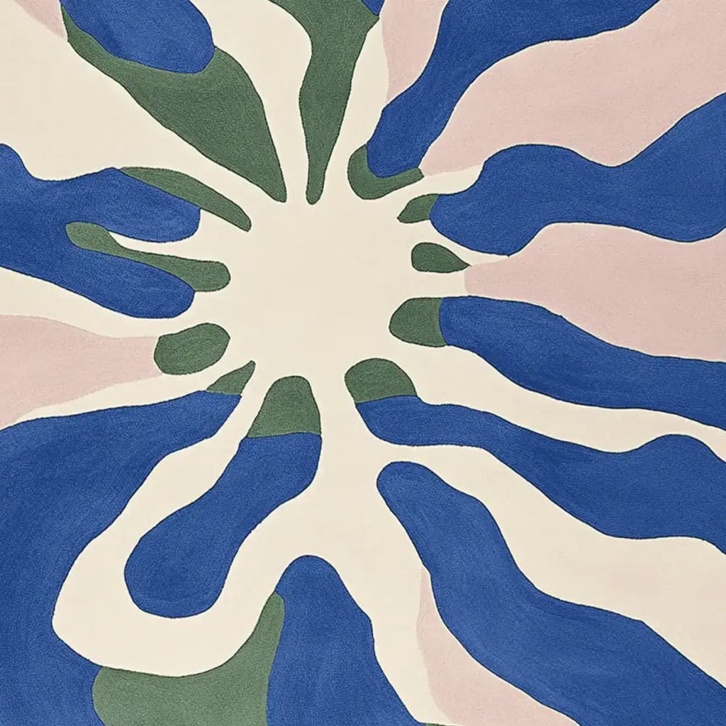 The Lush Light Echo Hand Tufted Rug showcases an abstract design with flowing blue, green, and cream patterns, ideal for contemporary living room spaces. This wool area rug adds a touch of modern elegance, perfectly complementing stylish interiors.