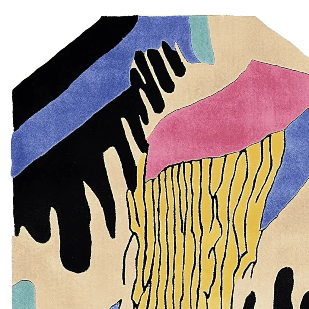 Vibrant and artistic Lush Lines Hand Tufted Area Rug featuring an abstract design in black, blue, pink, and yellow, perfect for contemporary living room settings. This wool rug adds a bold touch to large living room spaces.