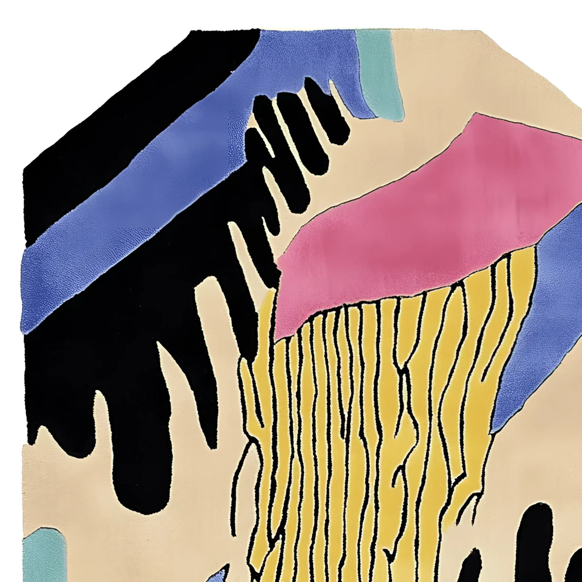 Vibrant and artistic Lush Lines Hand Tufted Area Rug featuring an abstract design in black, blue, pink, and yellow, perfect for contemporary living room settings. This wool rug adds a bold touch to large living room spaces.