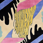 A vibrant and contemporary hand tufted area rug featuring an abstract design with bold colors including black, pink, blue, and yellow. This wool rug is perfect for adding a touch of modern art to large living room spaces.